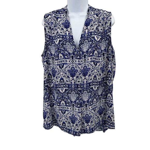 Laundry by Shelli Segal Blouse Sleeveless Tank WMNS L Royal Blue Printed V-neck - Picture 1 of 8